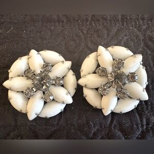 Vintage gorgeous milk glass and rhinestone clip on earrings